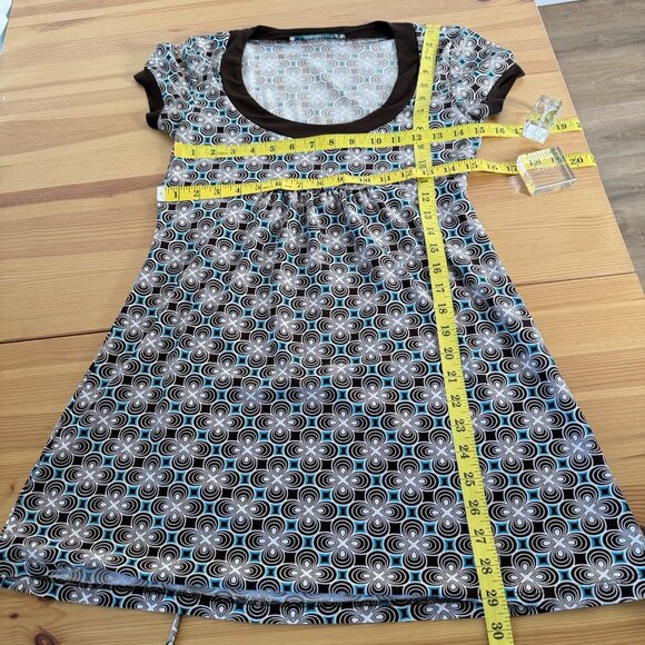 Y2K Tunic Top Babydoll Top Geometric Brown 90s Vintage Micro Mini Dress M - Picture 3 of 6